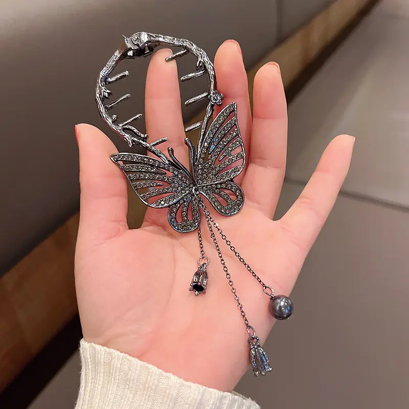 Qianjin Pha Lê Kim Cương Bướm Tóc Claw Clip Cổ Điển Sang Trọng Bướm Tua Đuôi Ngựa Khóa Clip Rhinestone Kim Loại Kẹp Tóc