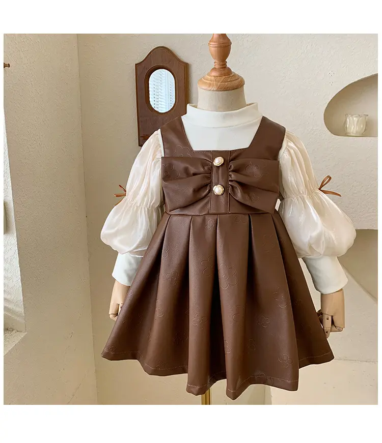 2022 Neuankömmling Kleinkind Baby Mädchen Puff ärmel Hemd Kleinkind Kinder Pu Leder Gesamt kleid 2 Stück Kleidungs set 422