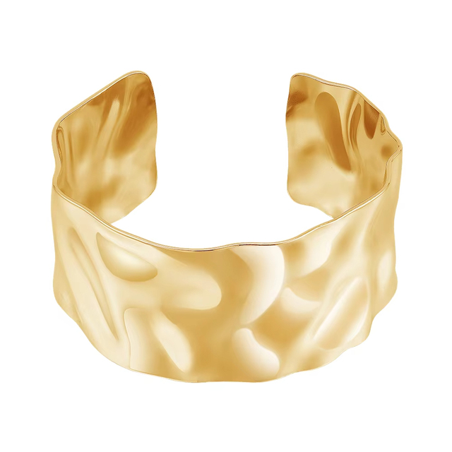 Women's Chunky 18K Gold Plated Stainless Steel Bracelet Concave Convex Hammer Pattern Irregular Wide Opening Fashionable Bangles