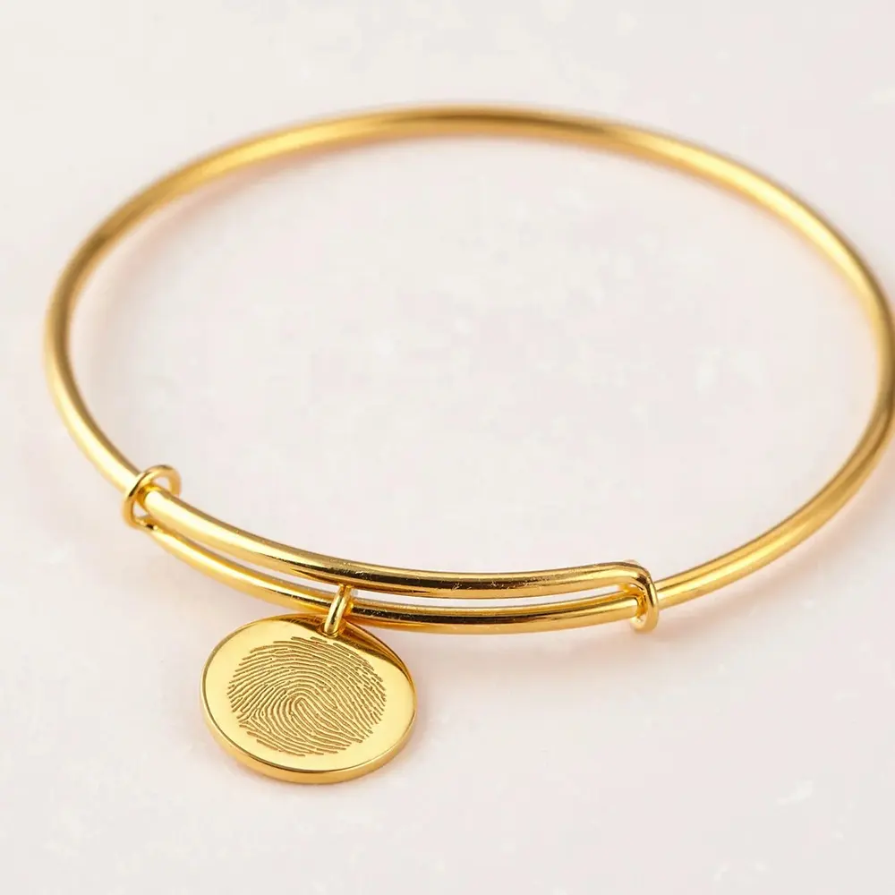 Wholesale gold plating Simple Trendy Stainless Steel Jewelry Small Round Coin Pendant Adjustable Engrave Women Bracelet Bangles