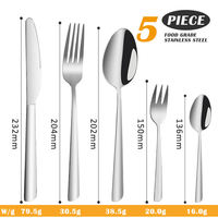 Ensemble de couverts en acier inoxydable de qualité alimentaire, couteau, fourchette, cuillère, 5 pièces, argenté, poli miroir, pour restaurant