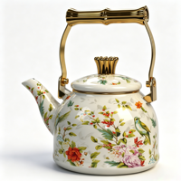 Théière Émaillée Élégante à Motif Floral et d'Oiseaux, Poignée en Bambou Doré, Bouilloire Polyvalente, Cadeau de Fêtes Premium