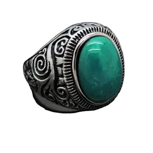 Mens Large Synthetic Oval Turquoise Sterling Silver Ring US Size 7-13