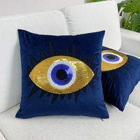 Ensemble de coussins décoratifs en velours uni brodés motif œil porte-bonheur, bleu nuit, pour usage moderne en milieu hospitalier et hôtelier, décoration intérieure