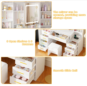 Table de toilette blanche <span class=keywords><strong>avec</strong></span> <span class=keywords><strong>miroir</strong></span> sur plateau en verre, éclairage LED, 8 tiroirs, 7 étagères ouvertes, 12 crochets, prises électriques, tabouret de chevet - Product Image 4