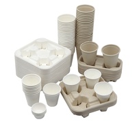 Ensembles de vaisselle jetables pour cuisine et camping, plateau quatre tasses en bagasse de canne à sucre, emballage biodégradable, porte-gobelets certifié LFGB