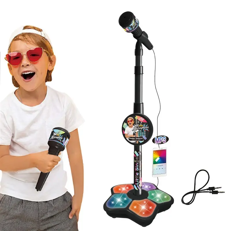 ITTL Mikrofon Berdiri Lampu Berkedip Fungsi MP3 Alat Musik Plastik Mainan