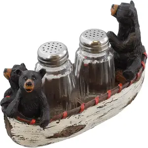 polyresin Three Black Bears Canoeing Salt & Pepper Set Rustic Cabin Canoe Cub Decor
