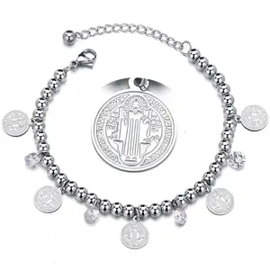 New Arrival Stainless Steel Beaded Diamond Christian Jesus Chain Personality Bracelet Round Pendant Lady Crafts
