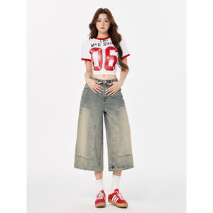 Pantalones vaqueros recortados Retro de verano para mujer, pantalones de pierna recta de cintura alta azul nostálgico, diseño de pierna ancha transpirable, cómodos para perezosos - Product Image 3