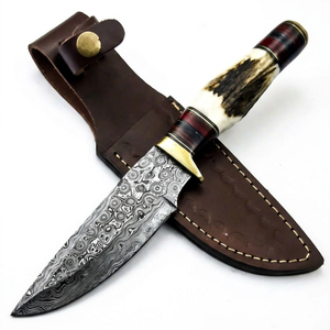 Couteau de chasse et de camping de haute qualité en acier Damas avec manche en cuir, lame de 5 pouces, tranchant, OEM - Product Image 2