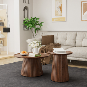 Set di 2 tavolini da caffè rotondi, grandi e piccoli, in legno, con finitura moderna in noce, per soggiorno e ufficio - Product Image 1