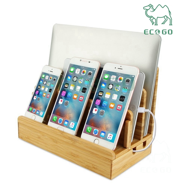 3 Slots Desktop Mobile Phone Organizer Tablets Stand Bamboo Charging Stations for Multi-Device