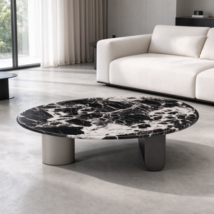 Ensemble de tables basses asymétriques en marbre blanc avec plateau rond et table d'appoint ovale en marbre noir, style moderne pour salon, hall d'hôtel, villa - Product Image 2