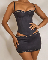 Personnalisé Y2K Streetwear Respirant Noir Décolleté Plongeant Anneau en Métal Argenté Fitness Crop Débardeur Mini Jupe Ensemble de 2 Pcs
