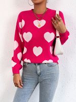 LVLAEA Ladies' Heart Printed Casual Knitwear Long Sleeve Crew-neck Pullover Top for Spring Valentine's Day Holiday Loose Front