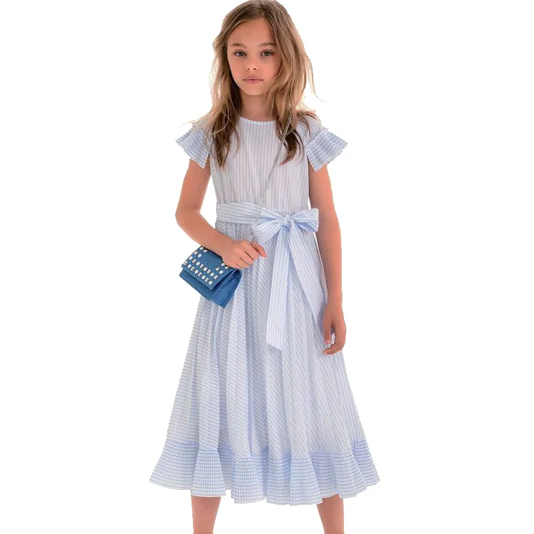 Beyaz ve mavi çizgili elbise küçük kızlar güzel kızlar pamuk çocuklar elbise fotoğraf için tasarımlar