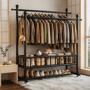 Perchero de Ropa Moderno de Metal con Doble Barra, 60, 80, 100, 120, 150 cm, 2 Estantes de Almacenamiento, 4 Ganchos, Resistente al Óxido, Móvil, para Dormitorio - Product Image 1