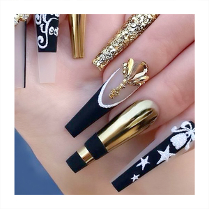 Joyeux Nouvel An, <span class=keywords><strong>faux</strong></span> ongles longs en forme de cercueil, luxe, or miroir, <span class=keywords><strong>poudre</strong></span> dorée mate, pointe de Nouvel An, faits à la main, fleur dorée, ongles à presser - Product Image 1