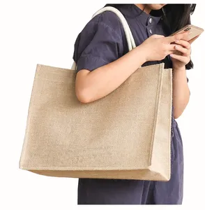 Custom Printing Logo Letter Pattern Burlap Jute Waterproof <b>Medium</b> <b>Size</b> Portable Shopping Gift <b>Bag</b> for Women - Product Image 4