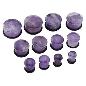 Juego de tapones y túneles para los oídos de piedra orgánica, Piercings acampanados individuales con anillo de cuero negro, joyería corporal para bodas - Product Image 5