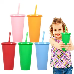 Gobelet en plastique réutilisable pour enfant, 14oz, 16oz, 24oz, jus de boisson froide, gobelet en paille avec paille et couvercles