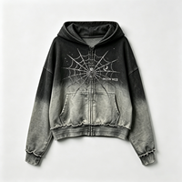 Supplier Grosir Hoodie Zip Up Pria Model Distressed Acid Wash dengan Grafis Laba-laba dan Detail Rhinestone serta Raw Hem