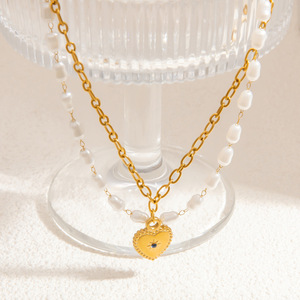 Collar de Perlas con Forma de Corazón, Cadena de Clavícula de Oro de 18K, Joyería Multicapa para Mujer, Uso Diario - Product Image 2