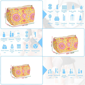 New Taste India Floral Bohemian Large 100% Cotton Quilted <b>Cosmetic</b> Bag Set Yellow Zipper Closure Foldable Makeup <b>Organizer</b> - Product Image 6
