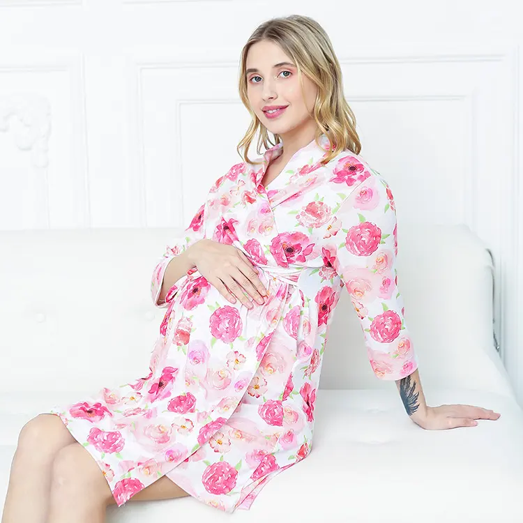 Hot Sale Wholesale Floral Women Nursing Delivery Labor Hospital Nightdress Long Sleeve Maternity Nightgown