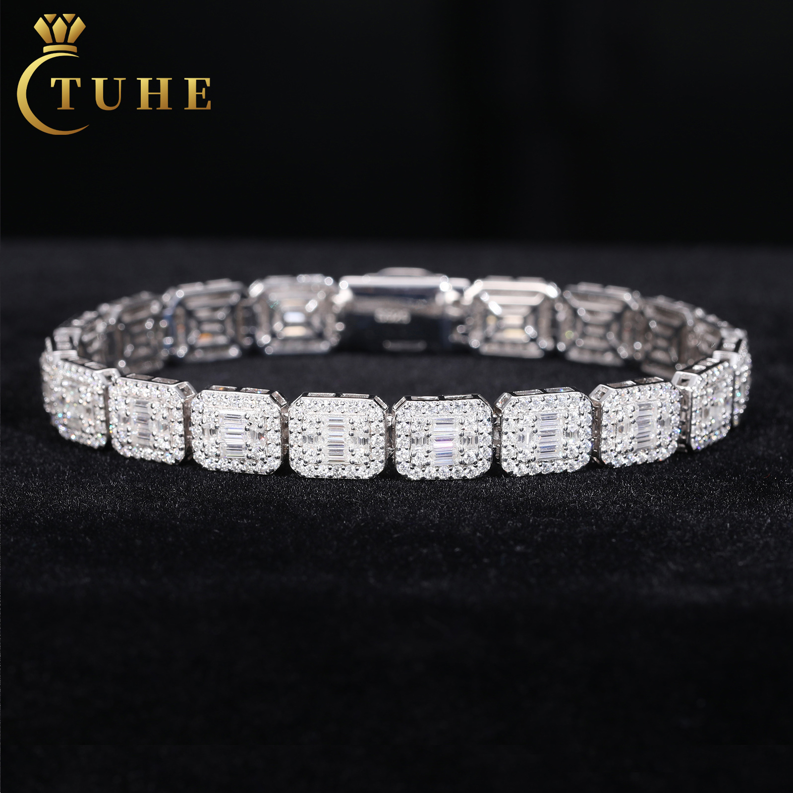 Fashion Hip Hop Jewelry 8.5mm 925 Sterling Silver VVS Baguette Moissanite Diamond Iced Out Sugar Tennis Bracelet For Men