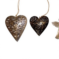 Ornements de Noël suspendus en métal faits à la main, cœur en laiton filigrané, cœur en bronze foncé, décoration d'ange, décoration de salon