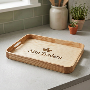 Plateau de service rectangulaire en bois d'acacia Alan Traders, design minimaliste gravé, fait main, écologique, cadeaux pour la décoration du Ramadan et de l'Aïd - Product Image 1
