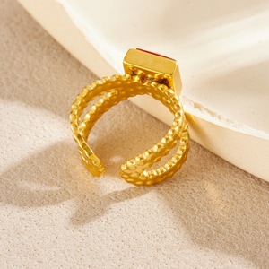 Geometric Square Gold Plated <b>Adjustable</b> <b>Ring</b> With Red Stone Bezel Setting Unisex Party Jewelry - Product Image 3