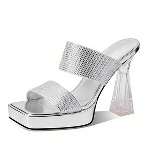 Sandalias de Plataforma con Tacón Grueso y Punta Cuadrada para Mujer, con Pedrería <span class=keywords><strong>Plateada</strong></span>, Elegantes y Versátiles, Diseño OEM de Fábrica - Product Image 1