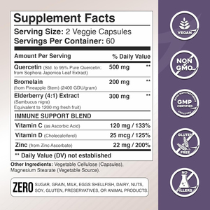 OEM 500mg Quercétine Capsules avec Bromélaïne Sureau Quercétine <span class=keywords><strong>Vitamine</strong></span> <span class=keywords><strong>C</strong></span> <span class=keywords><strong>et</strong></span> <span class=keywords><strong>Zinc</strong></span> <span class=keywords><strong>Vitamine</strong></span> <span class=keywords><strong>D3</strong></span> Supplément Soutien Immunitaire - Product Image 3