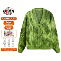 Cardigan en mohair duveteux pour homme, col en V, jacquard tie-dye vert abstrait, style streetwear oversize, pull tricoté, logo personnalisé OEM