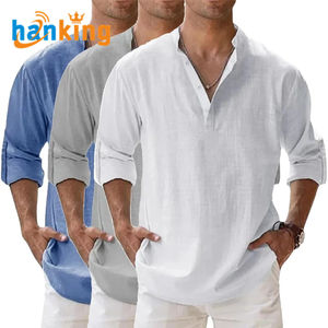 Ehanking <b>Men's</b> <b>Casual</b> Lightweight <b>Long</b> <b>Sleeve</b> Henley <b>Shirts</b> Male Solid Cotton Linen Breathable Collar <b>Shirt</b> - Product Image 1