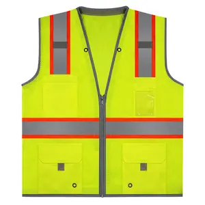 ANSI Class 2 Safety Vest Mesh With Outside Polyester Solid Pockets Top Quality Men Protective Workwear Vest