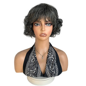 Perruque <span class=keywords><strong>courte</strong></span> bouclée crépue noire et grise pour femmes, style bob ondulé naturel, <span class=keywords><strong>coupe</strong></span> pixie, en cheveux humains fabriquée à la machine pour femmes noires - Product Image 1