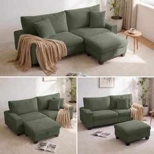 Divano Sezionale a L con Pouf Contenitore, Moderno Reclinabile in Ciniglia, Divanetto con Coperture Rimovibili e Cuscini a Molle Insacchettate - Product Image 5