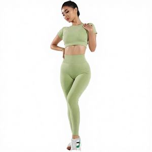 ชุดกางเกงโยคะเก้าส่วนสำหรับผู้หญิงสไตล์ยุโรปอเมริกัน แขนสั้น ผ้าเนื้อเดียว ระบายอากาศได้ดี ผลิตจากผ้าสแปนเด็กซ์และไนลอน เหมาะสำหรับออกกำลังกาย - Product Image 4