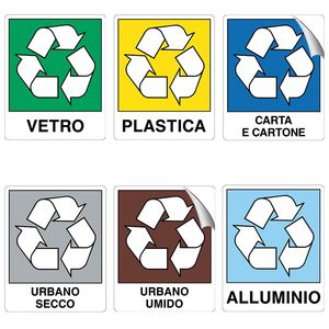 Kit de 6 panneaux de signalisation pour tri sélectif 25x31cm en PVC, autocollants pour verre, plastique, papier, sec, humide, aluminium - Product Image 1