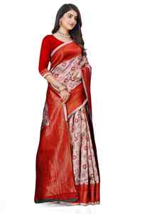 Traditional Indian Silk <b>Saree</b> <b>Red</b> And Beige With Floral Zari Work For Wedding And Festival Wear Women - Product Image 5