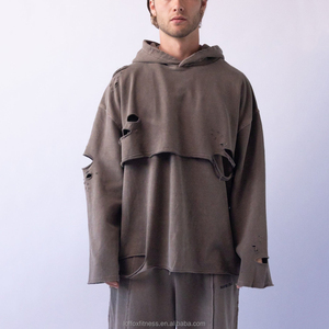 Produttore Personalizzato di Abbigliamento Moda Taglie Forti, Felpa Spessa 100% Cotone Foderata Anti-Pilling, Vestibilità Ampia, Modello Due-in-uno, Taglio Girocollo, Effetto Distressed e Orlo Grezzo - Product Image 5