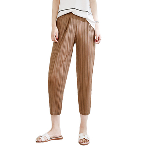 Color sólido elástico cintura alta Chiffon plisado pantalones <span class=keywords><strong>amazon</strong></span> mujeres sueltas nueve Pantalones - Product Image 1