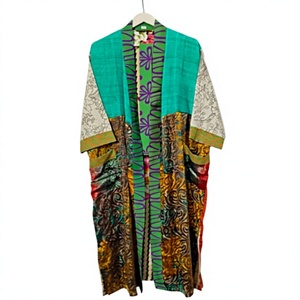 Kimono Largo Estampado para Mujer, Diseño Floral, Tejido de Poliéster, Ropa Casual de Verano, Manga Larga, Sin Cuello, Diseño de Parches - Product Image 1