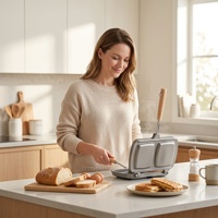Poêle à sandwich double en aluminium antiadhésive avec poignée en bois pour cuisinière à gaz, idéale pour le petit-déjeuner, les paninis et les fromages grillés