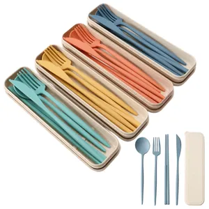 5件/套野营旅行可重复使用餐具叉筷子勺子餐具便携式麦草餐具套装带盒