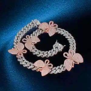 Hip Hop 925 Silver 14K Rose Gold Sun Flower Big Butterfly 18mm 20inch Cuban Link Chain Necklace
